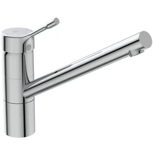 Küchenarmatur in Chrom von Ideal Standard mit hohem Auslauf und seitlichem Hebel zur Wasserregulierung. Minimalistisches Design, geeignet für moderne Kücheneinrichtungen.